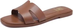 Women's Flat Sandals Dressy Comfortable Slide Sandals Fashion Square Open Toe Slip On Beach Sandals for Summer