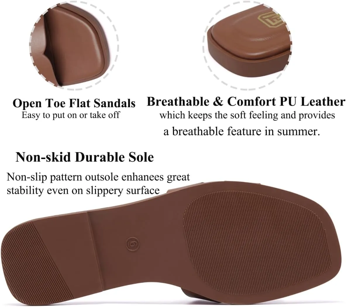 Women's Flat Sandals Dressy Comfortable Slide Sandals Fashion Square Open Toe Slip On Beach Sandals for Summer