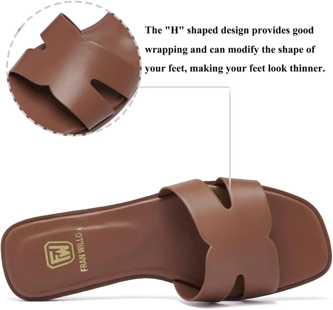 Women's Flat Sandals Dressy Comfortable Slide Sandals Fashion Square Open Toe Slip On Beach Sandals for Summer