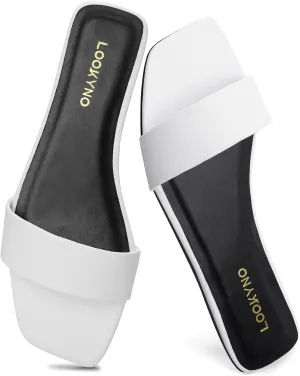 Women's Flat Sandals Square Fashion Basic Sandals Slides Comfortable Slip On Summer for Slippers Casual Peep Toe Beach