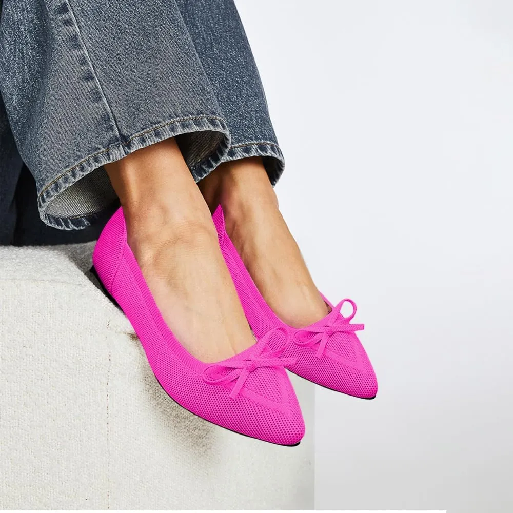 Women's Flats Pointed Toe Bow Knit Ballet Shoes Comfortable Dressy Mesh Slip On Flat