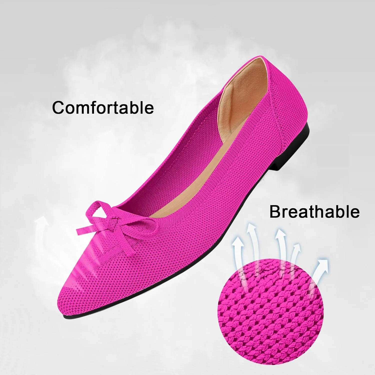 Women's Flats Pointed Toe Bow Knit Ballet Shoes Comfortable Dressy Mesh Slip On Flat