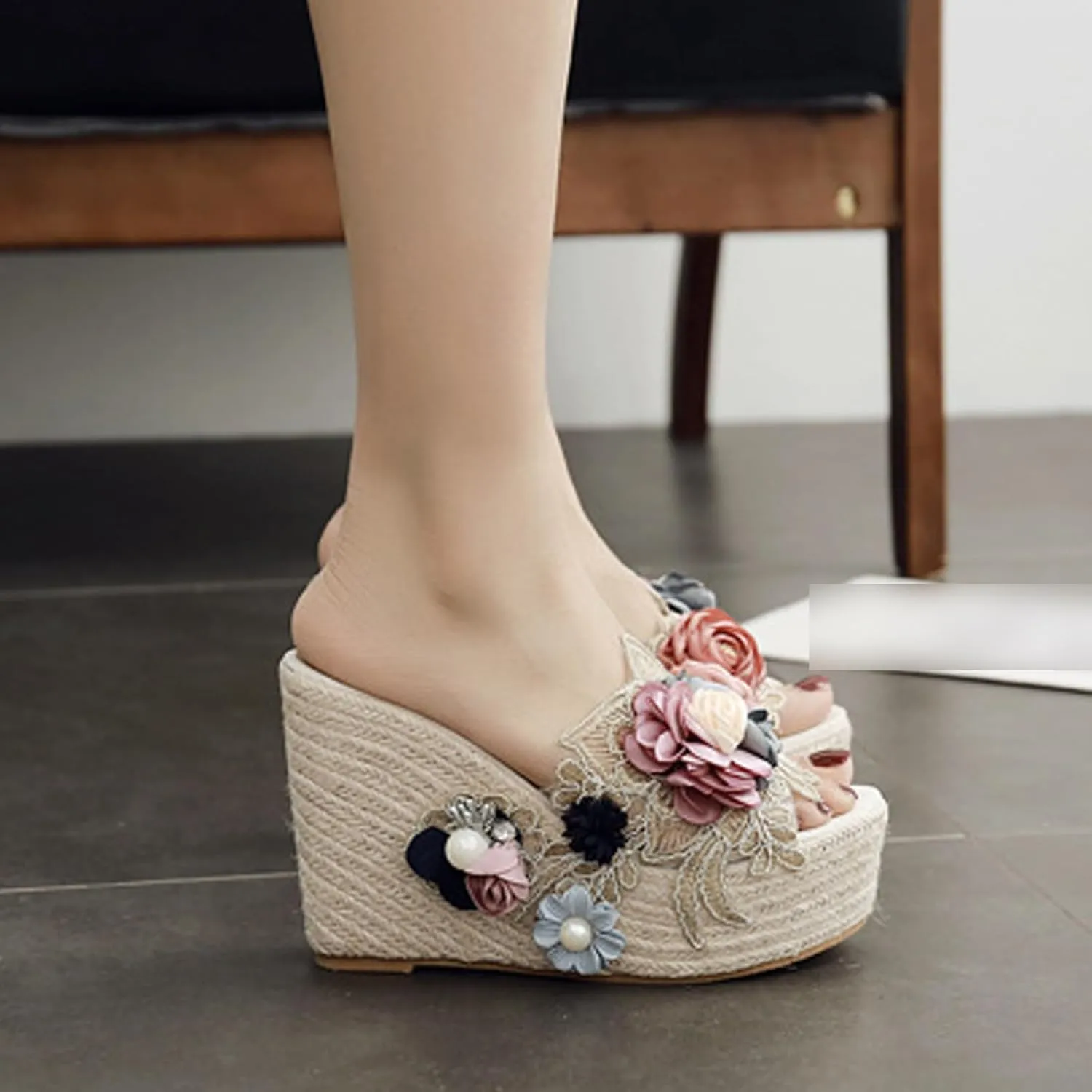 Women's Flower Woven Espadrille Wedge Sandals Slides Bohemia Casual Breathable Dress High Heels Platform Shoes