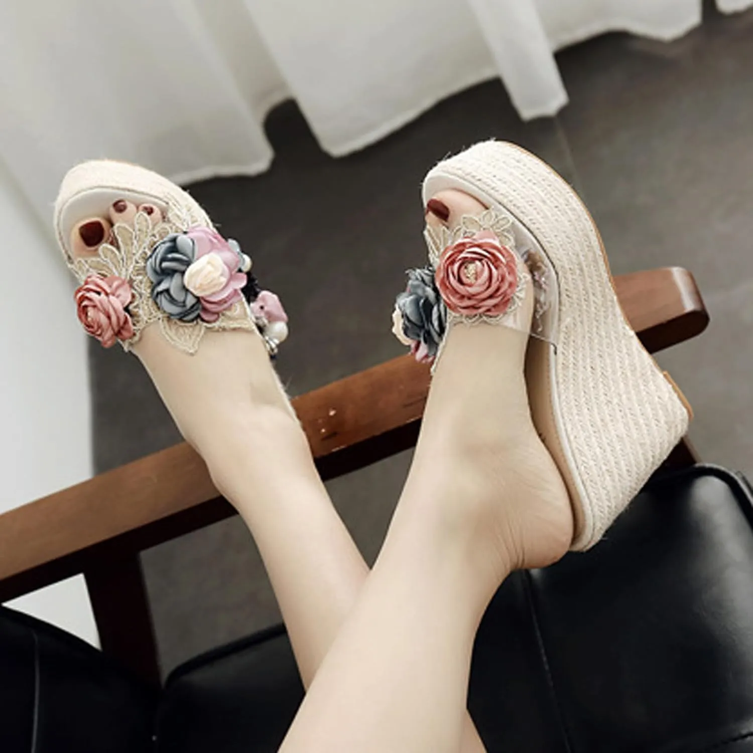 Women's Flower Woven Espadrille Wedge Sandals Slides Bohemia Casual Breathable Dress High Heels Platform Shoes