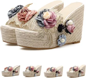 Women's Flower Woven Espadrille Wedge Sandals Slides Bohemia Casual Breathable Dress High Heels Platform Shoes