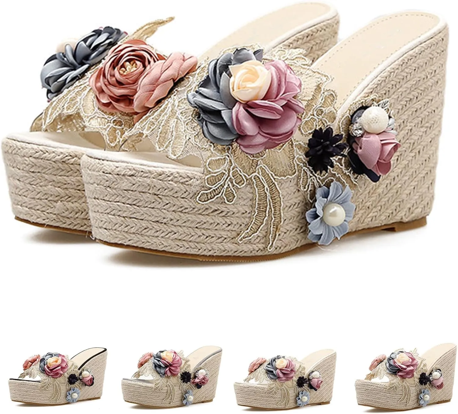 Women's Flower Woven Espadrille Wedge Sandals Slides Bohemia Casual Breathable Dress High Heels Platform Shoes