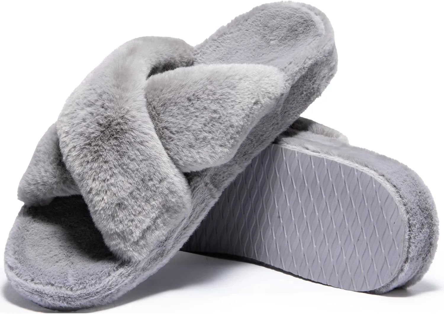 Womens Fuzzy Cross Band Slippers with Orthotic Insole Arch Support, Comfortable Spa Plush House Slippers for Plantar Fasciitis, Foot and Heel Pain, Recovery Slippers for Women