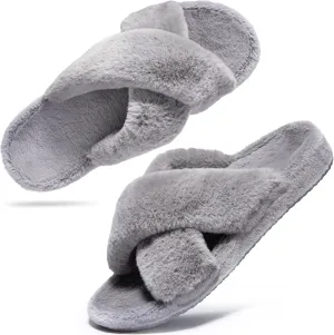 Womens Fuzzy Cross Band Slippers with Orthotic Insole Arch Support, Comfortable Spa Plush House Slippers for Plantar Fasciitis, Foot and Heel Pain, Recovery Slippers for Women