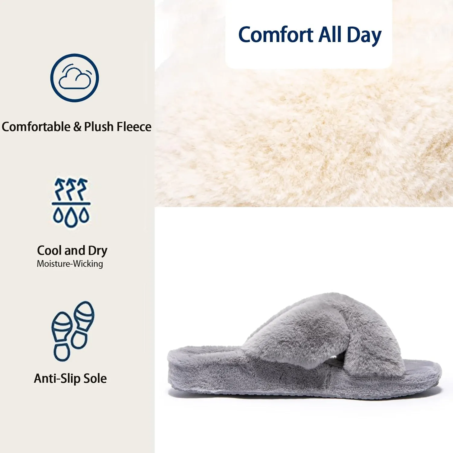 Womens Fuzzy Cross Band Slippers with Orthotic Insole Arch Support, Comfortable Spa Plush House Slippers for Plantar Fasciitis, Foot and Heel Pain, Recovery Slippers for Women