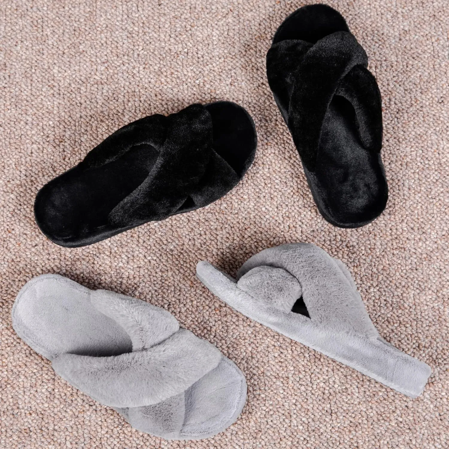 Womens Fuzzy Cross Band Slippers with Orthotic Insole Arch Support, Comfortable Spa Plush House Slippers for Plantar Fasciitis, Foot and Heel Pain, Recovery Slippers for Women