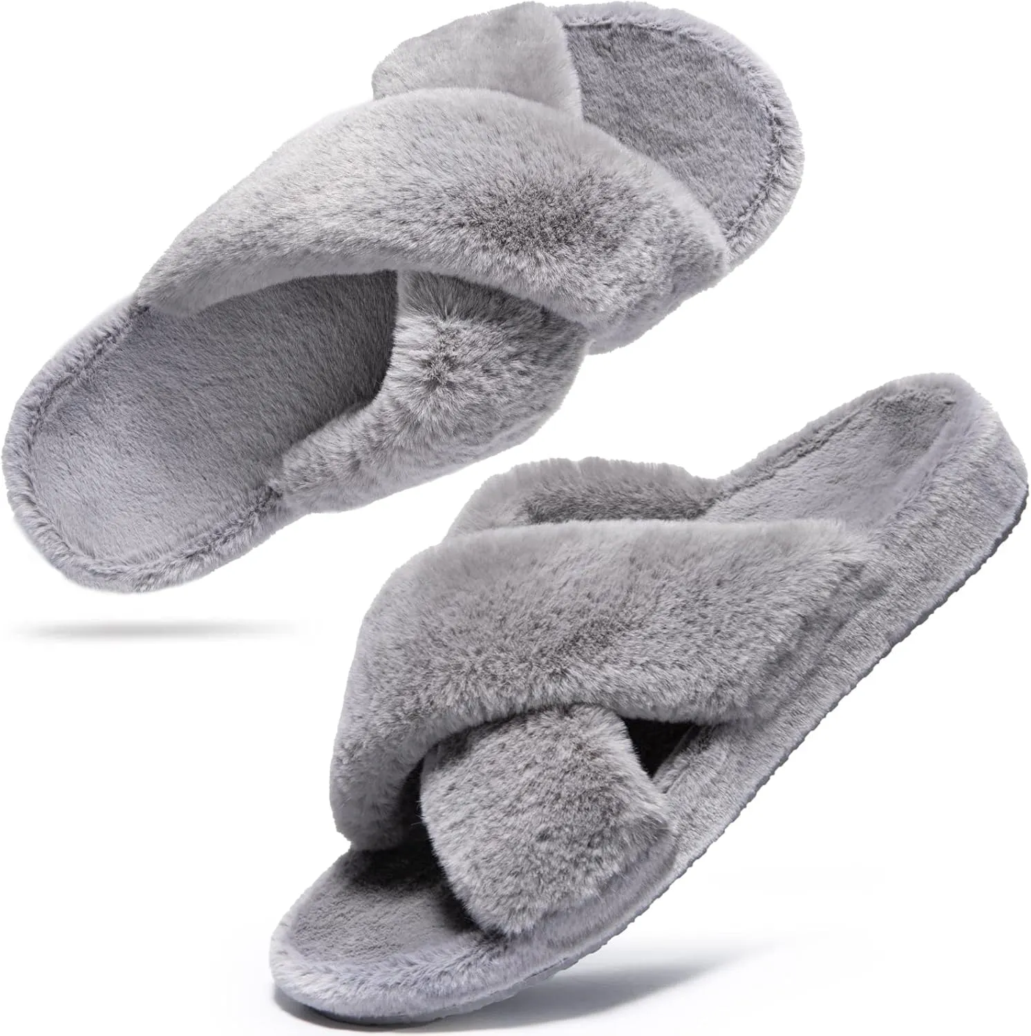 Womens Fuzzy Cross Band Slippers with Orthotic Insole Arch Support, Comfortable Spa Plush House Slippers for Plantar Fasciitis, Foot and Heel Pain, Recovery Slippers for Women