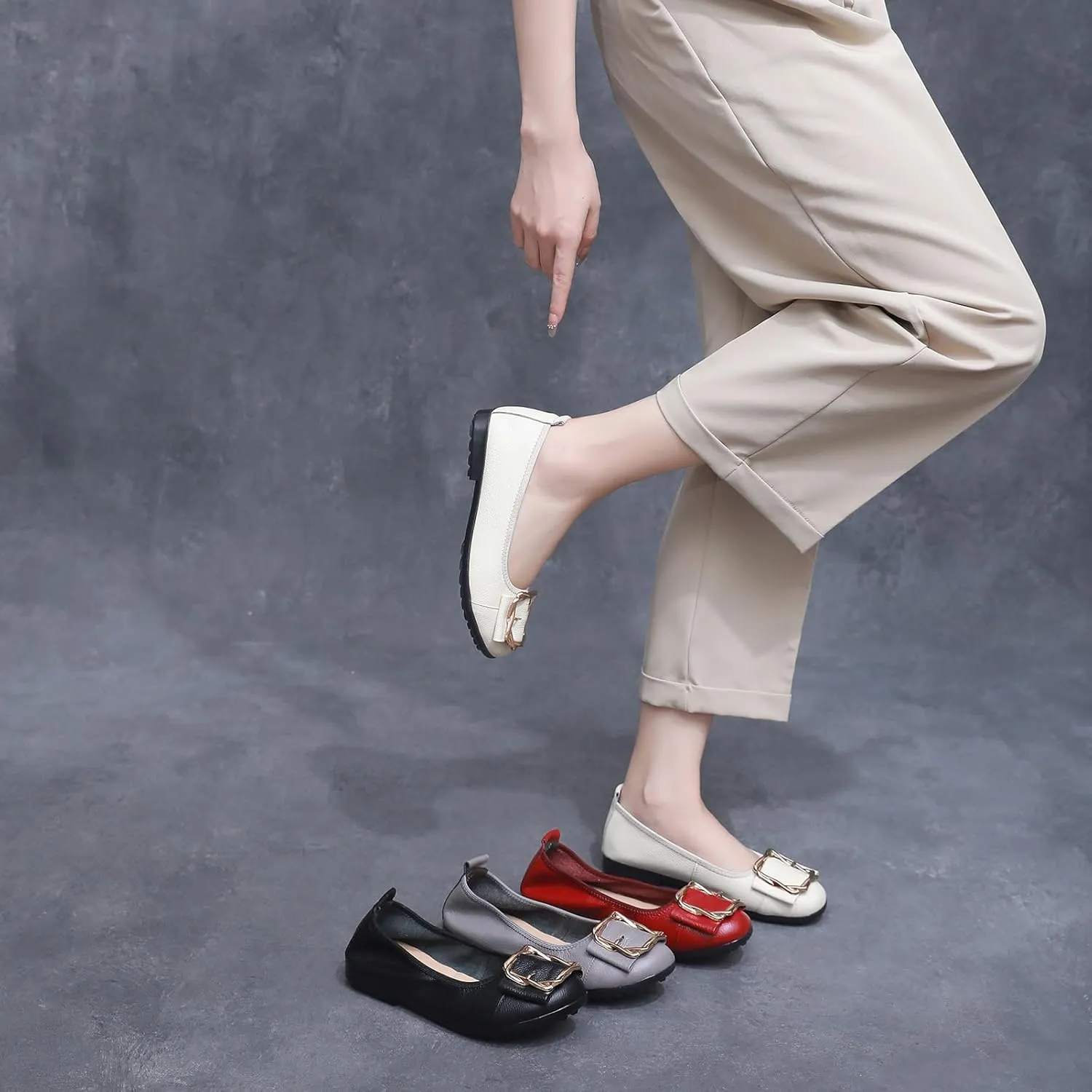 Women's Genuine Leather Ballerinas Fashion Metal Buckle Soft Flat Pumps Shoes