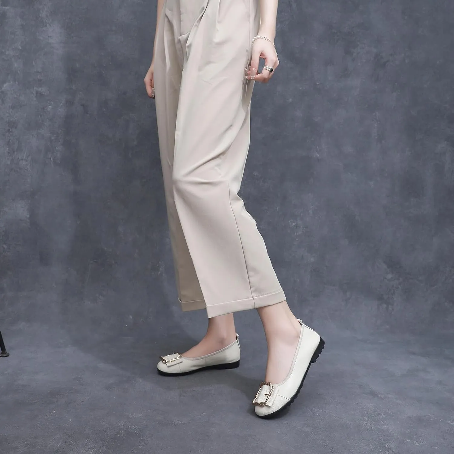 Women's Genuine Leather Ballerinas Fashion Metal Buckle Soft Flat Pumps Shoes