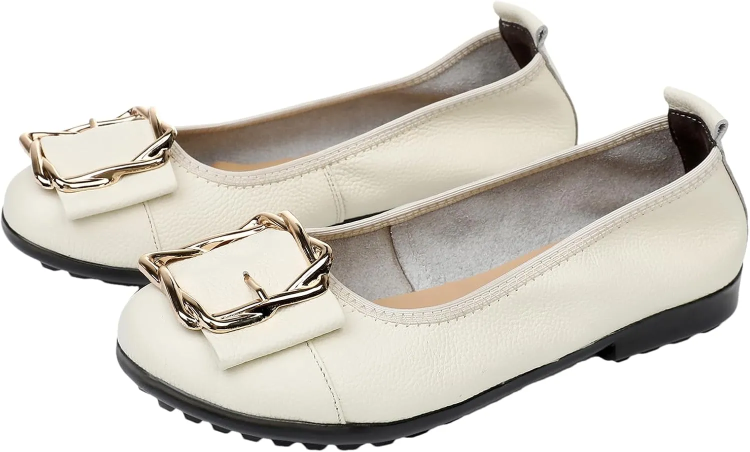 Women's Genuine Leather Ballerinas Fashion Metal Buckle Soft Flat Pumps Shoes