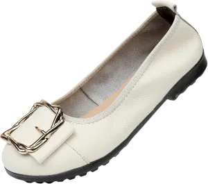 Women's Genuine Leather Ballerinas Fashion Metal Buckle Soft Flat Pumps Shoes