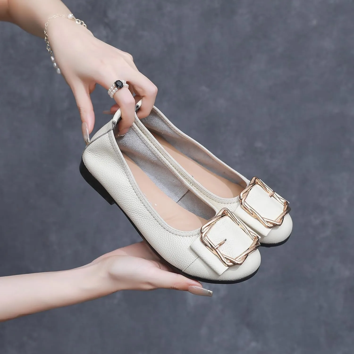 Women's Genuine Leather Ballerinas Fashion Metal Buckle Soft Flat Pumps Shoes