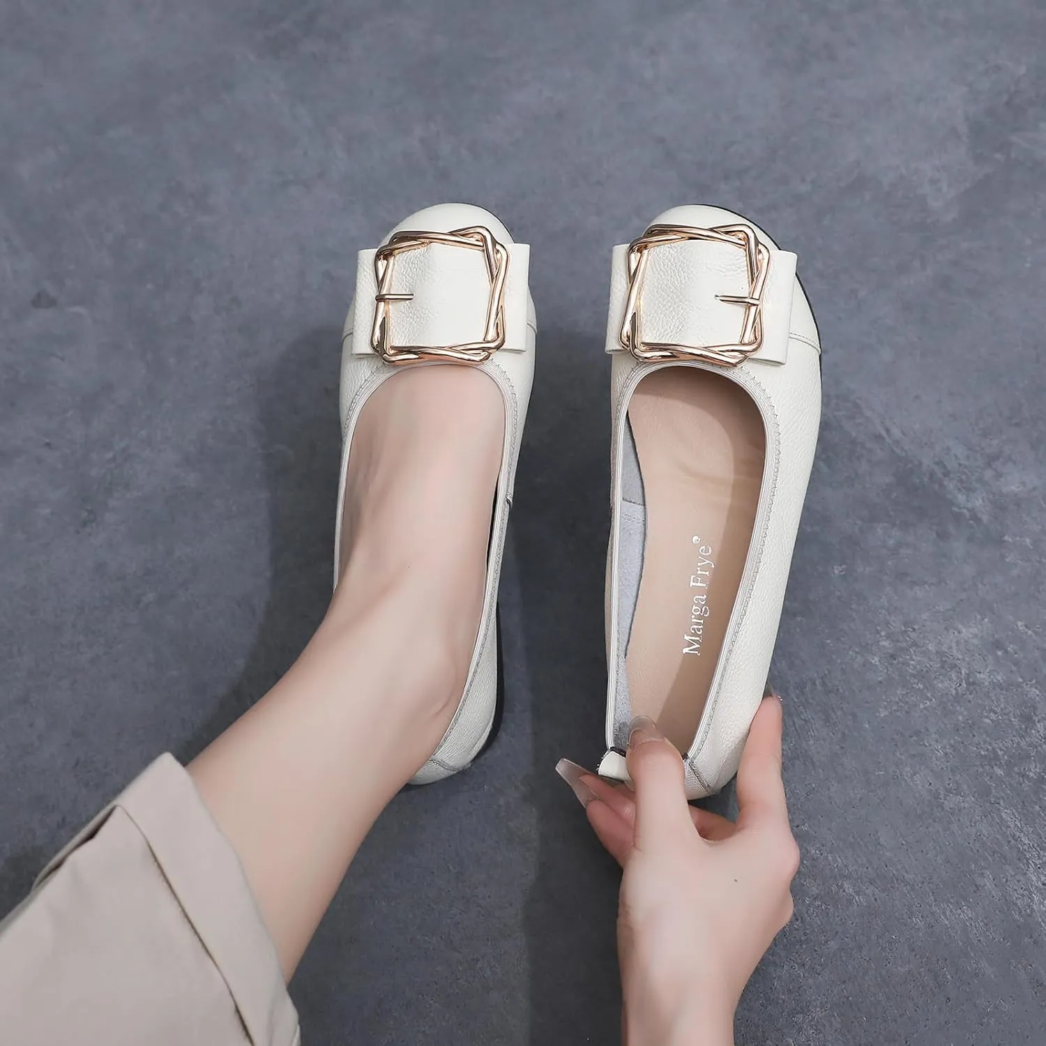 Women's Genuine Leather Ballerinas Fashion Metal Buckle Soft Flat Pumps Shoes
