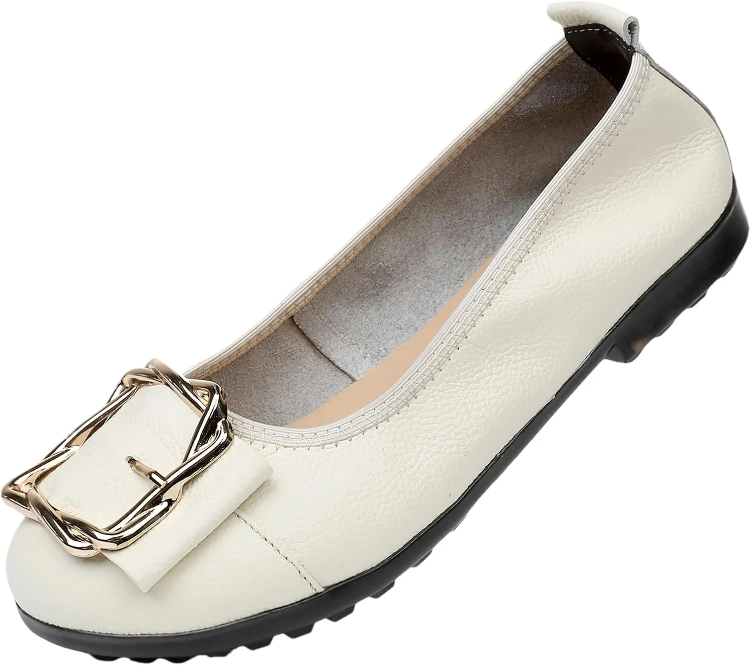 Women's Genuine Leather Ballerinas Fashion Metal Buckle Soft Flat Pumps Shoes