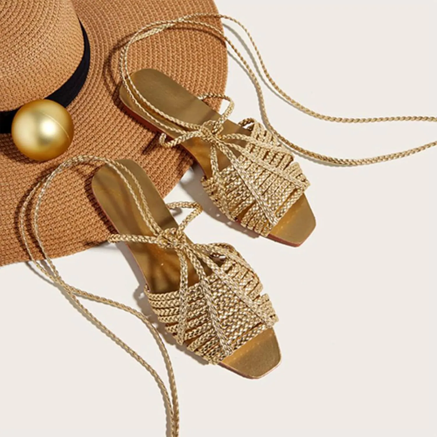 Women's Gold Cross Braided Strap Flat Fish Mouth Roman Sandals Summer Square Toe Sexy Adjust Lace Up Comfortable Soft Sole Boho Sandals Suitable for Party Dress Beach