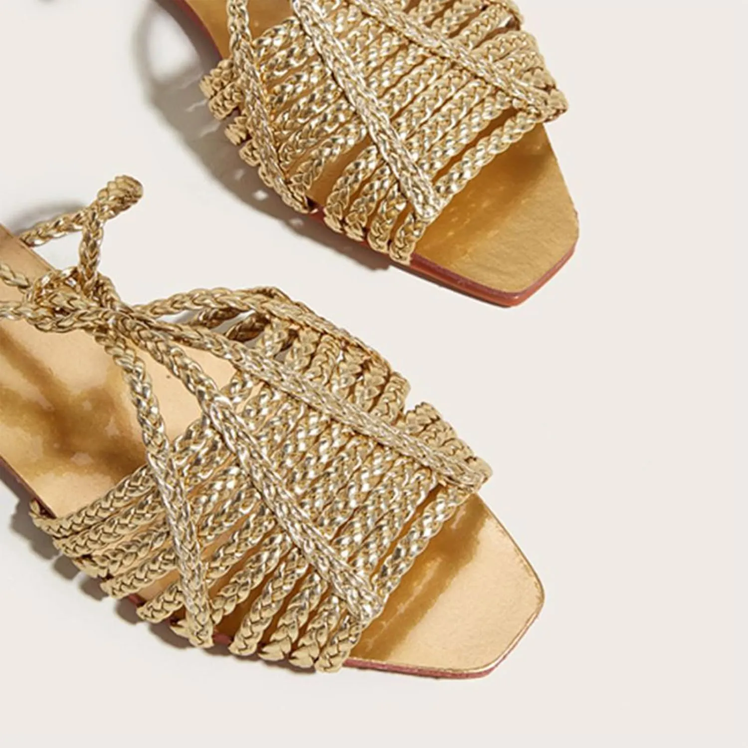 Women's Gold Cross Braided Strap Flat Fish Mouth Roman Sandals Summer Square Toe Sexy Adjust Lace Up Comfortable Soft Sole Boho Sandals Suitable for Party Dress Beach