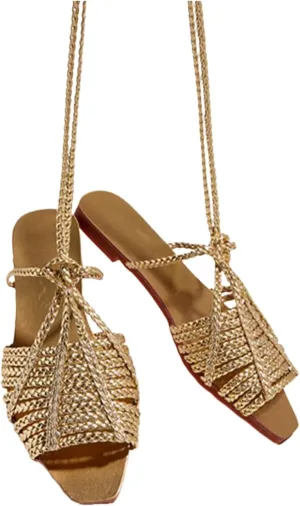 Women's Gold Cross Braided Strap Flat Fish Mouth Roman Sandals Summer Square Toe Sexy Adjust Lace Up Comfortable Soft Sole Boho Sandals Suitable for Party Dress Beach