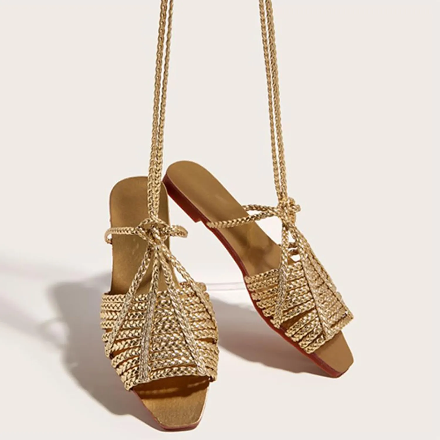 Women's Gold Cross Braided Strap Flat Fish Mouth Roman Sandals Summer Square Toe Sexy Adjust Lace Up Comfortable Soft Sole Boho Sandals Suitable for Party Dress Beach