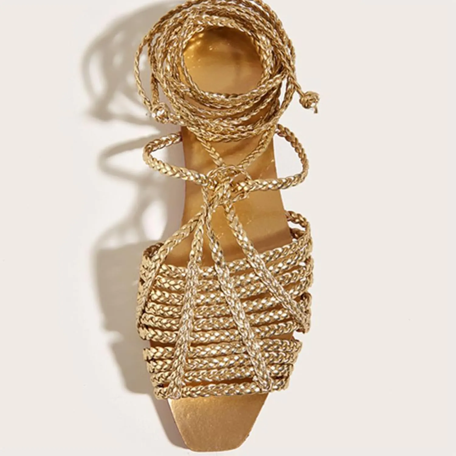 Women's Gold Cross Braided Strap Flat Fish Mouth Roman Sandals Summer Square Toe Sexy Adjust Lace Up Comfortable Soft Sole Boho Sandals Suitable for Party Dress Beach