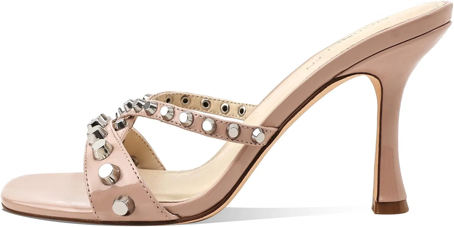 Womens Heels Square Toe Heeled Sandals for Women Low Kitten Heels Sandals Open Toe Slip on Mule for Party Wedding Dress Shoes