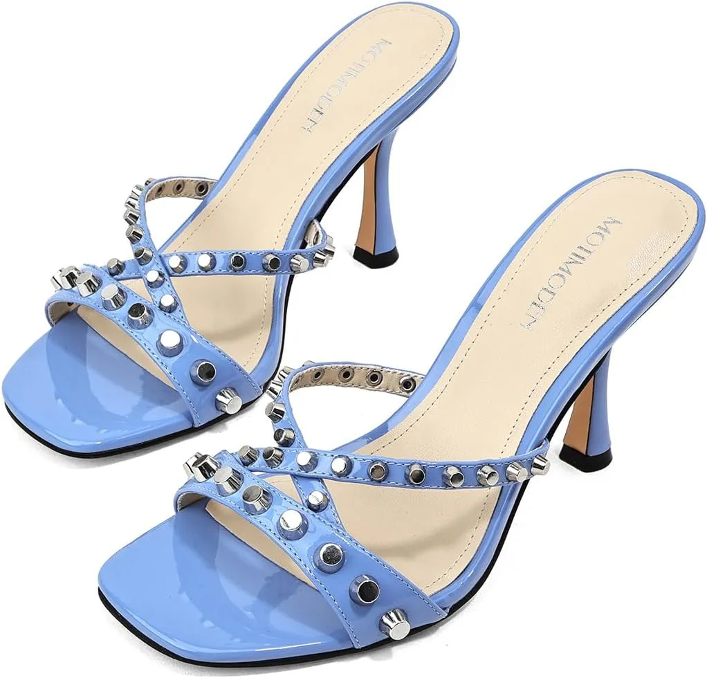 Womens Heels Square Toe Heeled Sandals for Women Low Kitten Heels Sandals Open Toe Slip on Mule for Party Wedding Dress Shoes