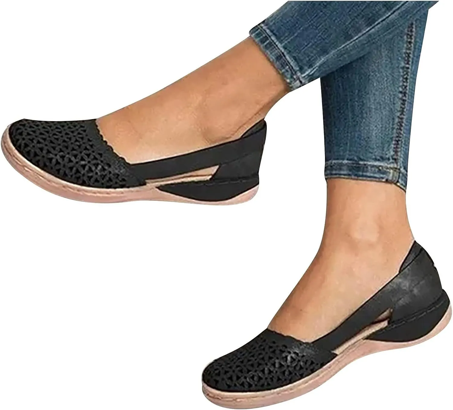 Women's Hollow Wedge Sandals Round Closed Toe Soft Loafers Outdoor Walking Shoes Comfortable Breathable Elastic Sandals Summer Lightweight Slip-on Beach Casual Sandal