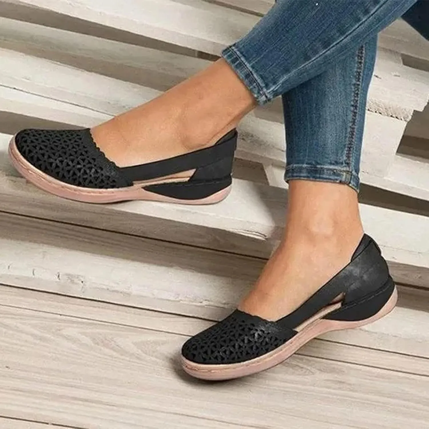 Women's Hollow Wedge Sandals Round Closed Toe Soft Loafers Outdoor Walking Shoes Comfortable Breathable Elastic Sandals Summer Lightweight Slip-on Beach Casual Sandal