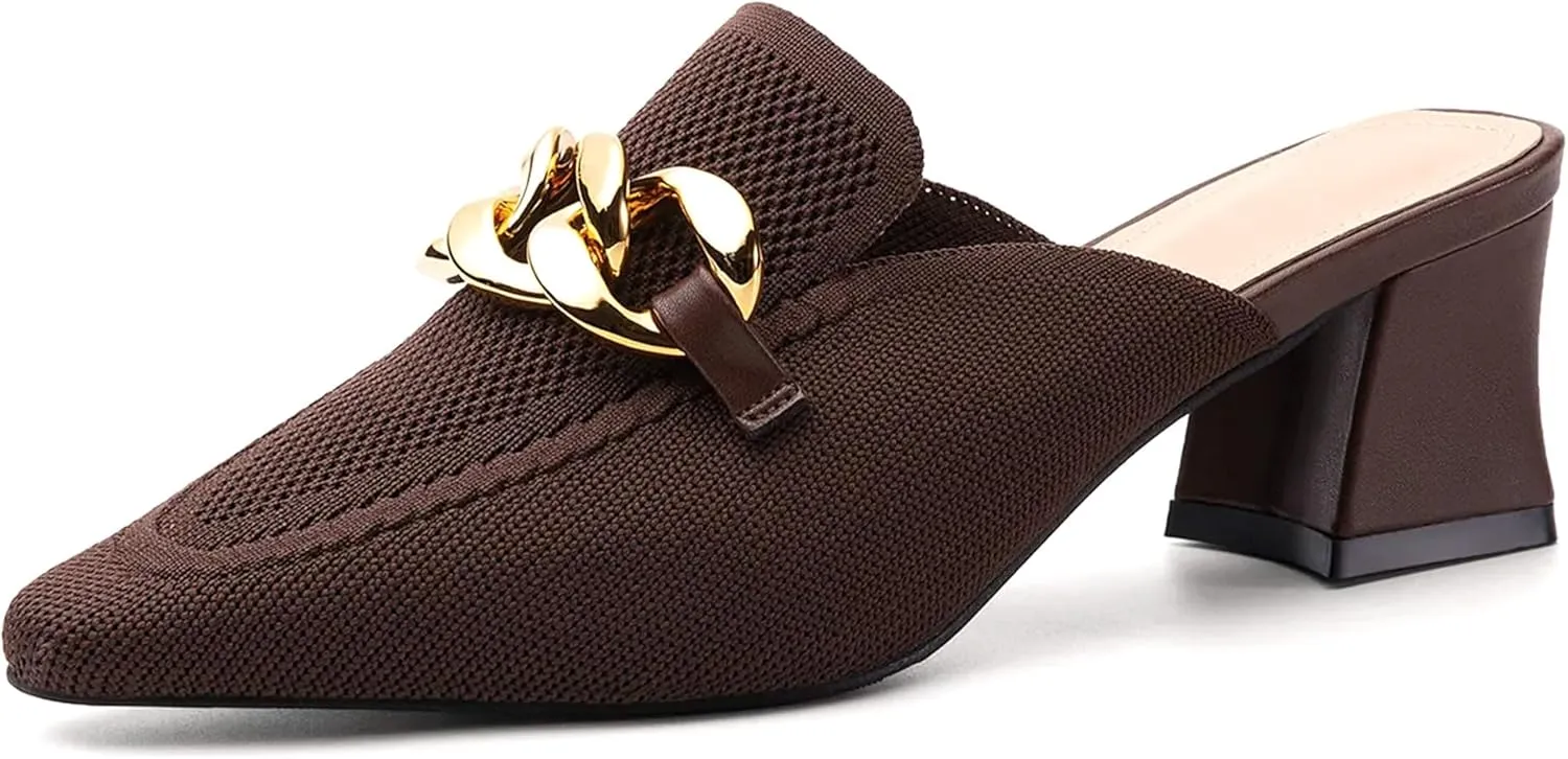 Women's Knit Pointed Toe Chunky Heel Mules, Comfortable Slip-On Sandals for Business and Daily Wear