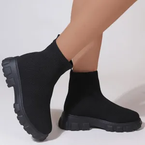 Women's Knit Sock Chelsea Boots Fashion Slip on Platform Ankle Boots Stretch Mesh Lug Sole Chunky Slip On Booties
