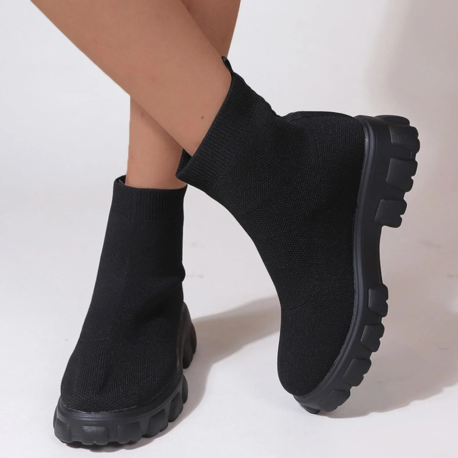 Women's Knit Sock Chelsea Boots Fashion Slip on Platform Ankle Boots Stretch Mesh Lug Sole Chunky Slip On Booties