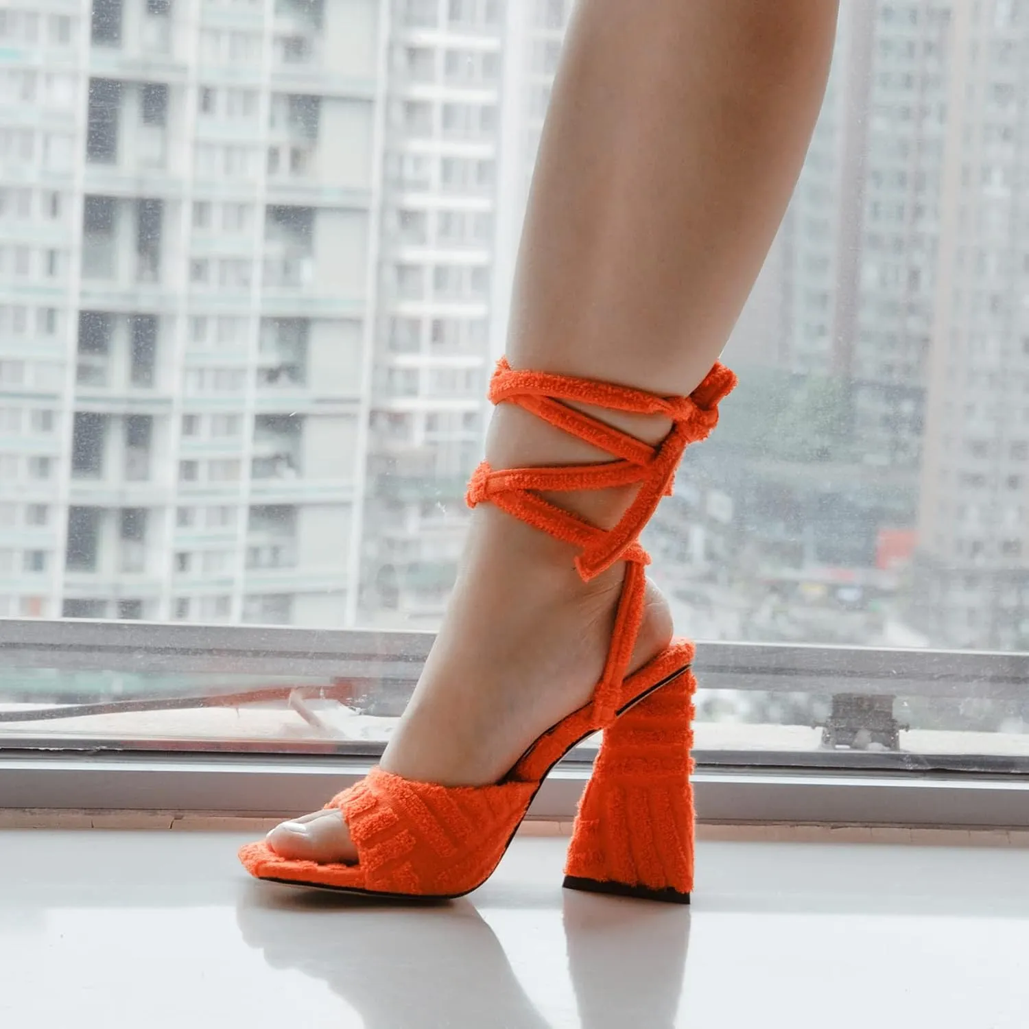Women's Lace up Fashion Square Toe High Heeled Ankle Strap Chunky Mule Sandals