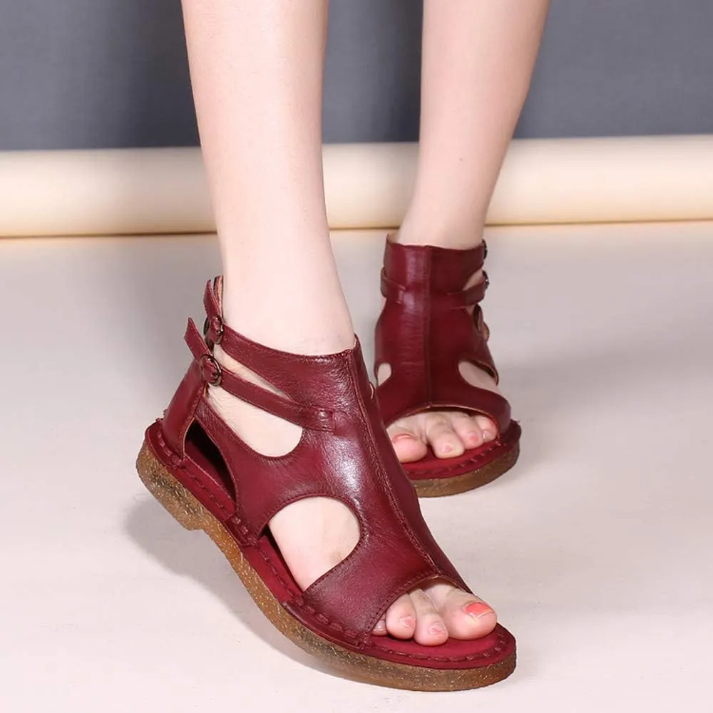 Womens Leather Sandals - Low Wedge Soft and Comfort Outdoor Sandals, Gladiator Flat Sandal for Women
