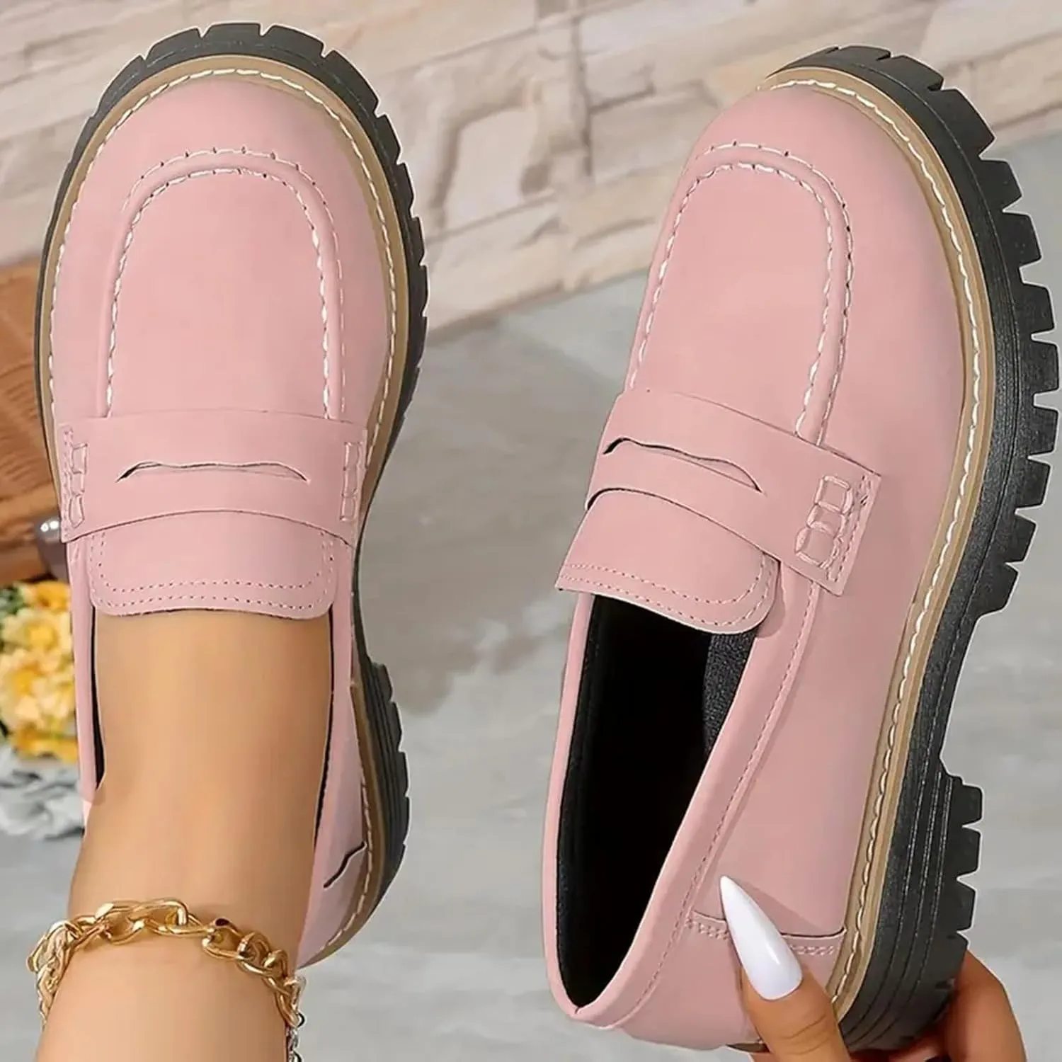 Womens Loafers Dressy Suede Chunky Slip On Shoes Penny Loafer Lug Sole Comfortable Casual Business Shoes Summer Fashion Office Shoe Retro Comfy Oxford for Work