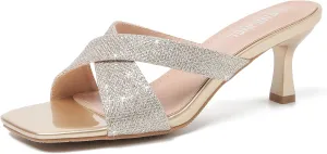 Womens Low Kitten Heel Mule Sandals Square Open Toe Cross Strap Slip on Slide Slippers Summer Wedding Evening Party Dress Shoes