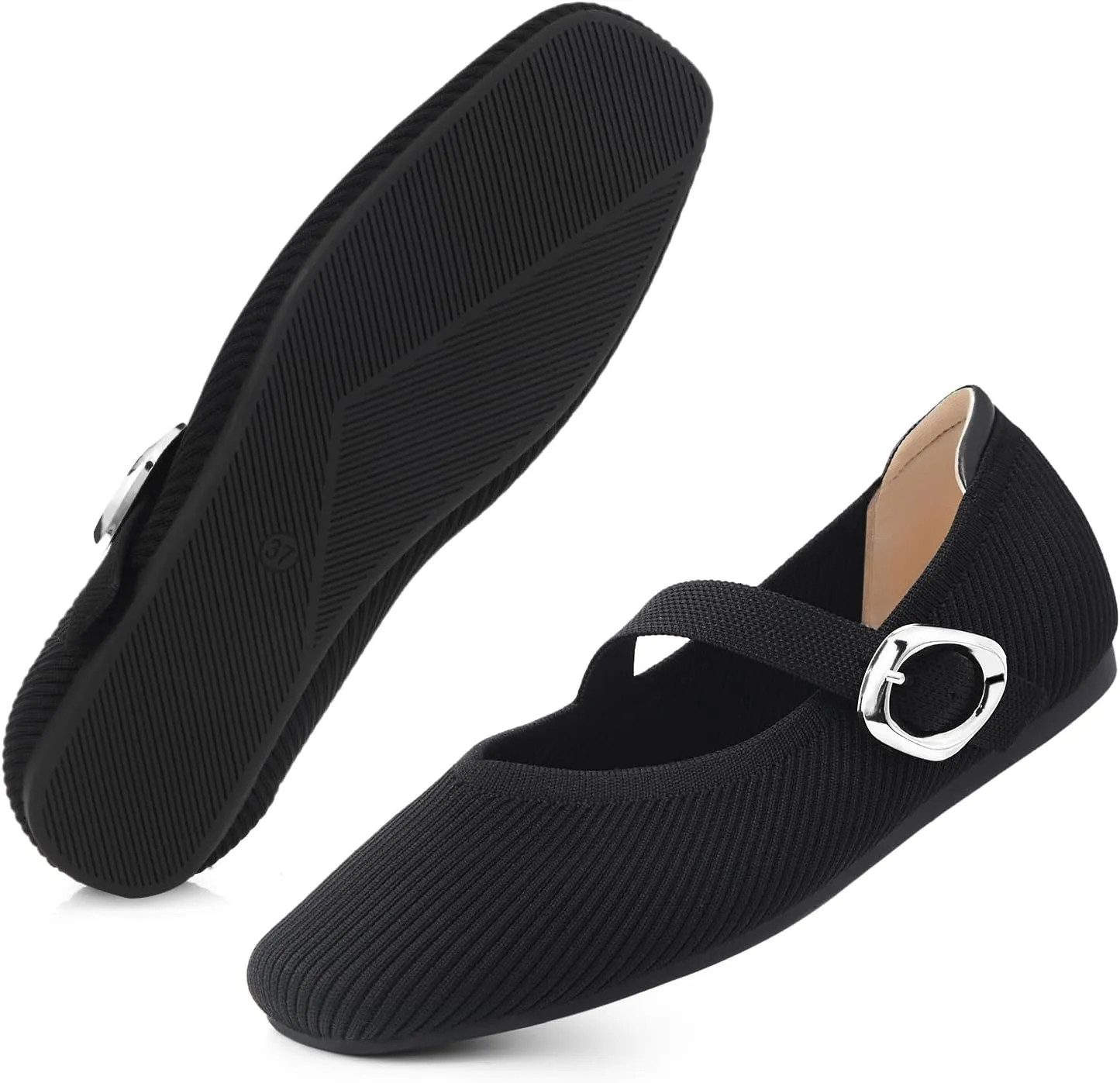 Women's Mary Jane Flats Shoes Square Toe Ballet Flats Comfortable Dressy Knit Flats with Strap Slip On Washable Casual Office Shoes