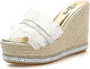 Women's Mesh Ruffles Wedge Sandals Clear Straps Rhinestone Decoration Open-Toe Slip-On Platform Slides Fashion Summer Outdoor Beach Sandals