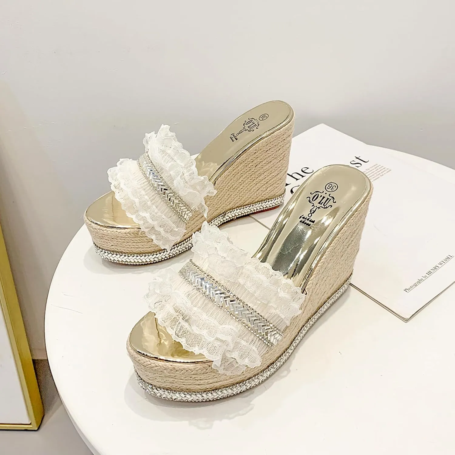 Women's Mesh Ruffles Wedge Sandals Clear Straps Rhinestone Decoration Open-Toe Slip-On Platform Slides Fashion Summer Outdoor Beach Sandals