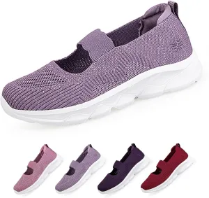 Women's Mesh Slip On Walking Shoes Flat Loafers with Elastic Band Soft Sole Comfortable Working Nurse Shoes Elderly Casual Memory Foam Sneakers Breathable Flat Mother Shoes