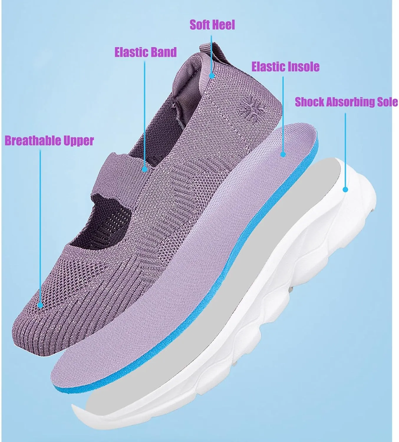 Women's Mesh Slip On Walking Shoes Flat Loafers with Elastic Band Soft Sole Comfortable Working Nurse Shoes Elderly Casual Memory Foam Sneakers Breathable Flat Mother Shoes