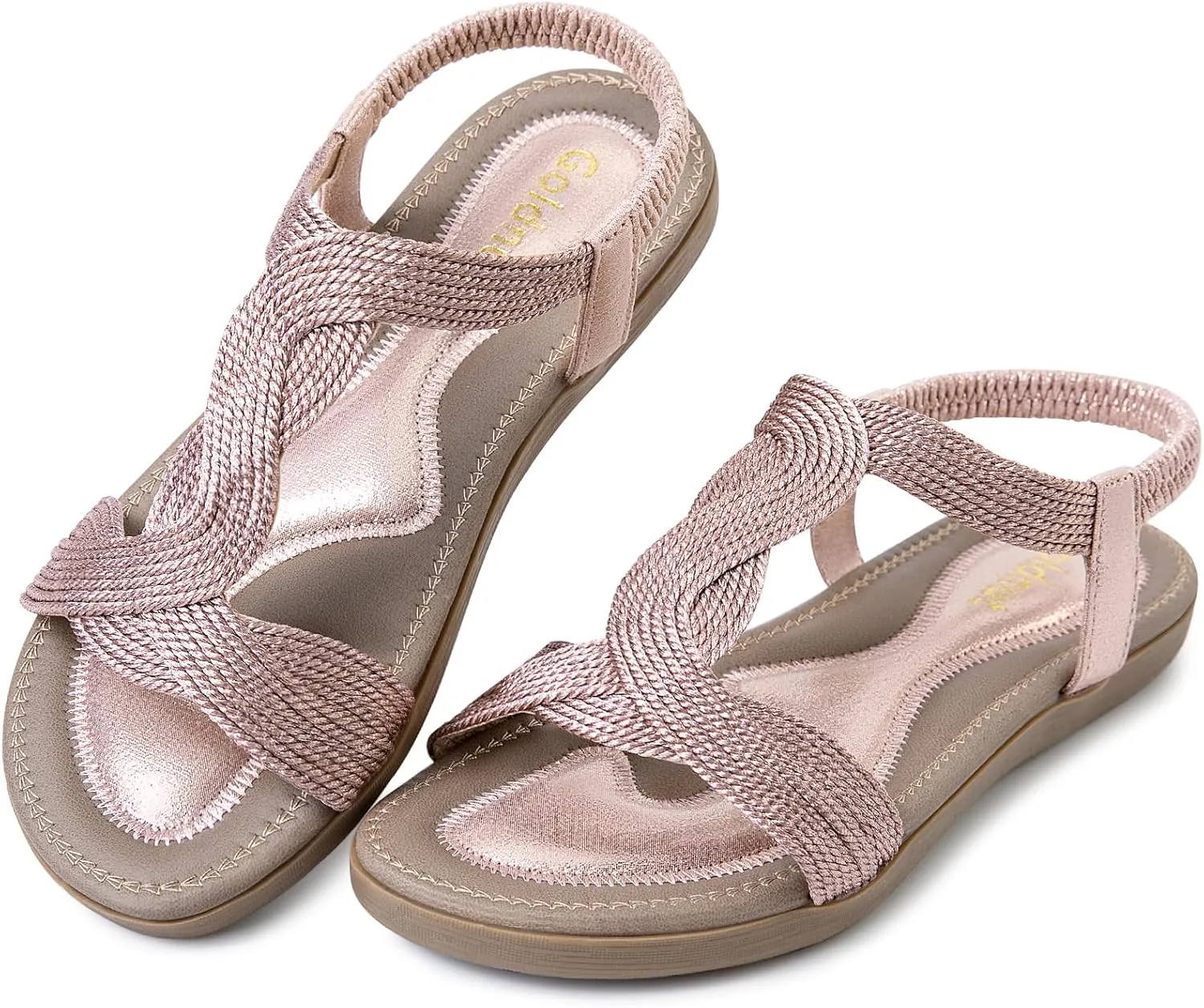 Women's Metallic Comfortable Sandals Elastic Ankle Straps Flat Sandal Braid Strap