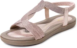 Women's Metallic Comfortable Sandals Elastic Ankle Straps Flat Sandal Braid Strap