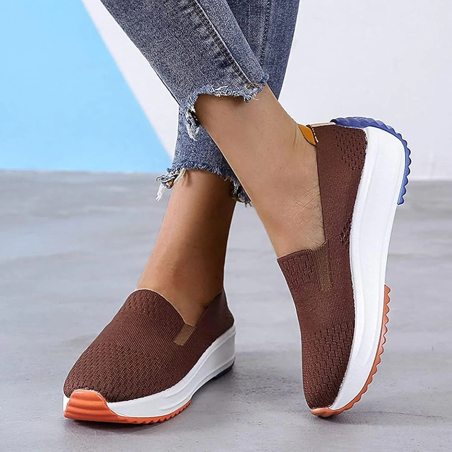 Women's Orthopedic Slip-On Walking Shoes, Comfort Loafers Wide Fit Knit Breathable Mesh Non-Slip Platform Flat Boat Shoes, Lightweight Soft Casual Sneakers