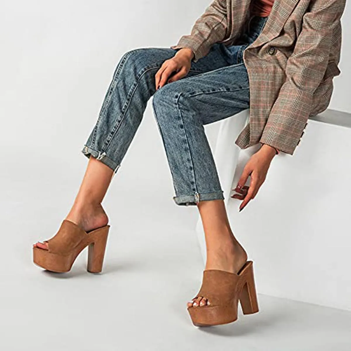 Women's Peep Toe Platform Chunky High Heel Mule Sandals Slip On Wedge Slides Sandals Comfortable Dress Sandals