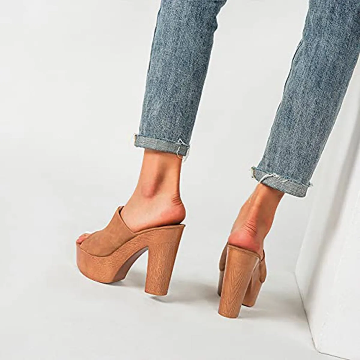 Women's Peep Toe Platform Chunky High Heel Mule Sandals Slip On Wedge Slides Sandals Comfortable Dress Sandals
