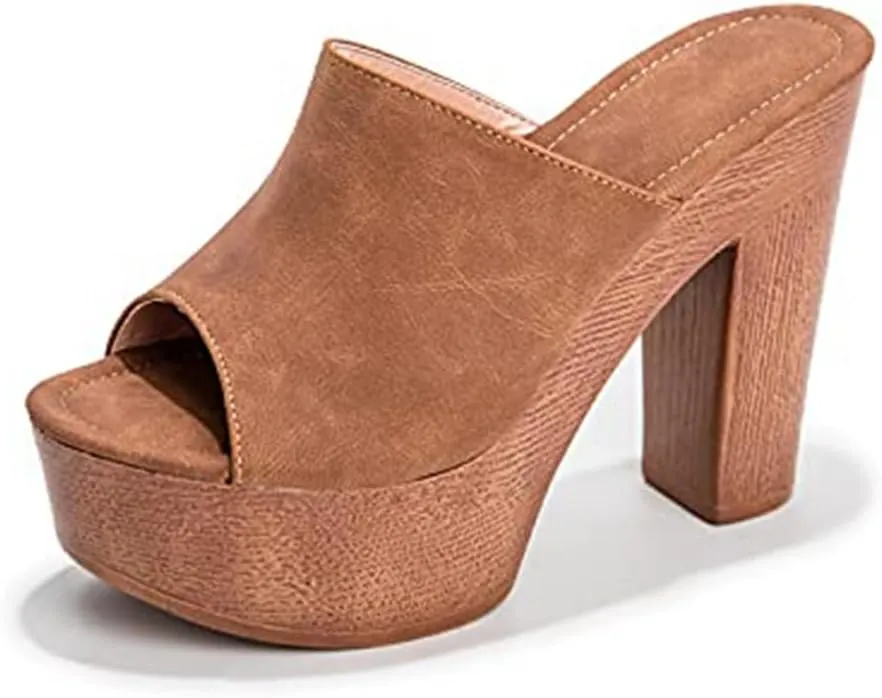 Women's Peep Toe Platform Chunky High Heel Mule Sandals Slip On Wedge Slides Sandals Comfortable Dress Sandals