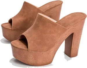Women's Peep Toe Platform Chunky High Heel Mule Sandals Slip On Wedge Slides Sandals Comfortable Dress Sandals